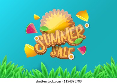 vector sammer sale horizontal creative banner with text, summer green grass, flying fresh lemons, flowers and slice of watermelon. Creative 3d summer shopping horizontal poster or label