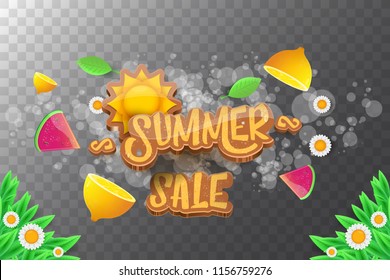 vector sammer sale horizontal creative banner with text, summer green grass, flying fresh lemons, flowers and slice of watermelon. Creative 3d summer shopping horizontal poster or label