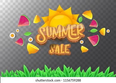 vector sammer sale horizontal creative banner with text, summer green grass, flying fresh lemons, flowers and slice of watermelon. Creative 3d summer shopping horizontal poster or label