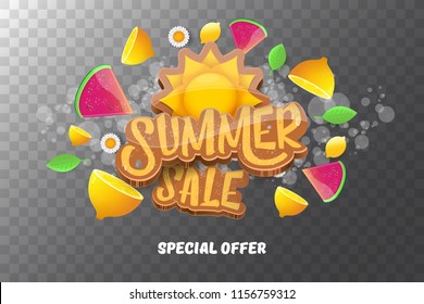 vector sammer sale horizontal creative banner with text, summer green grass, flying fresh lemons, flowers and slice of watermelon. Creative 3d summer shopping horizontal poster or label