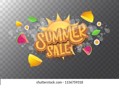 vector sammer sale horizontal creative banner with text, summer green grass, flying fresh lemons, flowers and slice of watermelon. Creative 3d summer shopping horizontal poster or label