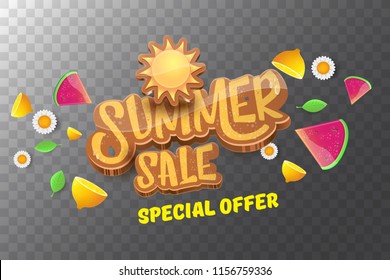 vector sammer sale horizontal creative banner with text, summer green grass, flying fresh lemons, flowers and slice of watermelon. Creative 3d summer shopping horizontal poster or label