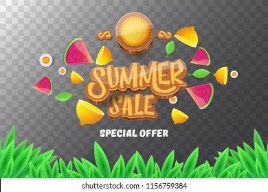 vector sammer sale horizontal creative banner with text, summer green grass, flying fresh lemons, flowers and slice of watermelon. Creative 3d summer shopping horizontal poster or label