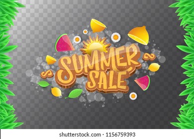 vector sammer sale horizontal creative banner with text, summer green grass, flying fresh lemons, flowers and slice of watermelon. Creative 3d summer shopping horizontal poster or label