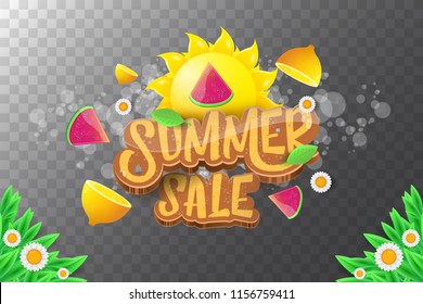 vector sammer sale horizontal creative banner with text, summer green grass, flying fresh lemons, flowers and slice of watermelon. Creative 3d summer shopping horizontal poster or label