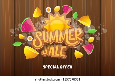 vector sammer sale horizontal creative banner with text, summer green grass, flying fresh lemons, flowers and slice of watermelon. Creative 3d summer shopping horizontal poster or label