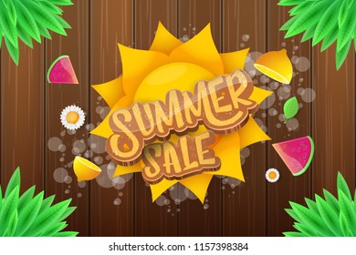 vector sammer sale horizontal creative banner with text, summer green grass, flying fresh lemons, flowers and slice of watermelon. Creative 3d summer shopping horizontal poster or label
