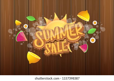 vector sammer sale horizontal creative banner with text, summer green grass, flying fresh lemons, flowers and slice of watermelon. Creative 3d summer shopping horizontal poster or label