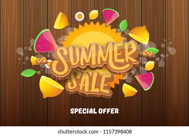 vector sammer sale horizontal creative banner with text, summer green grass, flying fresh lemons, flowers and slice of watermelon. Creative 3d summer shopping horizontal poster or label