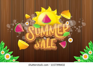 vector sammer sale horizontal creative banner with text, summer green grass, flying fresh lemons, flowers and slice of watermelon. Creative 3d summer shopping horizontal poster or label