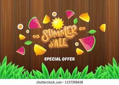 vector sammer sale horizontal creative banner with text, summer green grass, flying fresh lemons, flowers and slice of watermelon. Creative 3d summer shopping horizontal poster or label