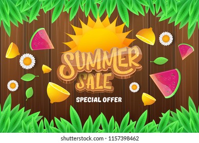 vector sammer sale horizontal creative banner with text, summer green grass, flying fresh lemons, flowers and slice of watermelon. Creative 3d summer shopping horizontal poster or label