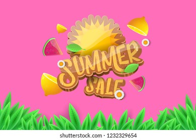 vector sammer sale horizontal creative banner with text, summer green grass, flying fresh lemons, flowers and slice of watermelon. Creative 3d summer shopping horizontal poster or label
