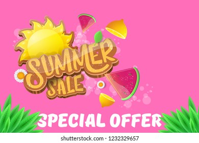 vector sammer sale horizontal creative banner with text, summer green grass, flying fresh lemons, flowers and slice of watermelon. Creative 3d summer shopping horizontal poster or label