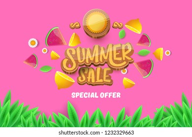 vector sammer sale horizontal creative banner with text, summer green grass, flying fresh lemons, flowers and slice of watermelon. Creative 3d summer shopping horizontal poster or label