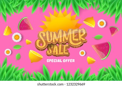 vector sammer sale horizontal creative banner with text, summer green grass, flying fresh lemons, flowers and slice of watermelon. Creative 3d summer shopping horizontal poster or label