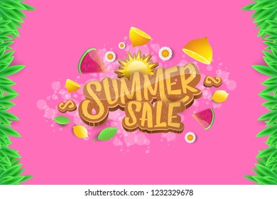 vector sammer sale horizontal creative banner with text, summer green grass, flying fresh lemons, flowers and slice of watermelon. Creative 3d summer shopping horizontal poster or label