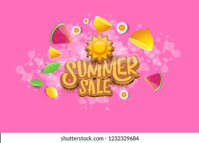 vector sammer sale horizontal creative banner with text, summer green grass, flying fresh lemons, flowers and slice of watermelon. Creative 3d summer shopping horizontal poster or label