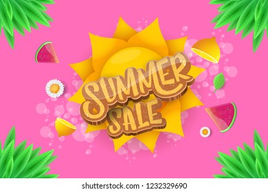 vector sammer sale horizontal creative banner with text, summer green grass, flying fresh lemons, flowers and slice of watermelon. Creative 3d summer shopping horizontal poster or label