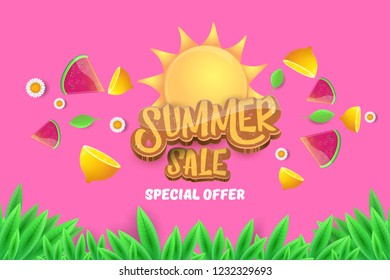 vector sammer sale horizontal creative banner with text, summer green grass, flying fresh lemons, flowers and slice of watermelon. Creative 3d summer shopping horizontal poster or label