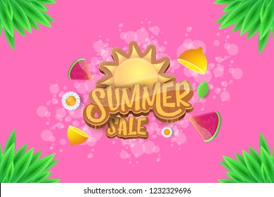 vector sammer sale horizontal creative banner with text, summer green grass, flying fresh lemons, flowers and slice of watermelon. Creative 3d summer shopping horizontal poster or label