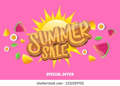 vector sammer sale horizontal creative banner with text, summer green grass, flying fresh lemons, flowers and slice of watermelon. Creative 3d summer shopping horizontal poster or label