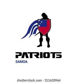 Vector Samoa Flag Patriots Soldier Logo. Mascot Character Design. Memorial Day Army man with Shield. Vector Freedom Leader Logo illustration