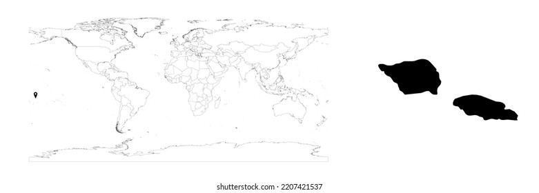 Mapa de Samoa vectorial que muestra la ubicación del país en el mapa del mundo y un mapa sólido para Samoa sobre el fondo blanco. El archivo es adecuado para la edición digital y las impresiones de todos los tamaños.