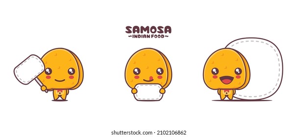 vector samosa cartoon mascot, traditional indian food illustration, with blank board banner, isolated on a white background.