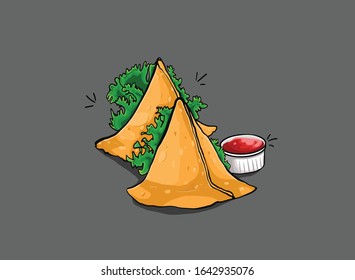 Vector samosa with red sauce in isometric design