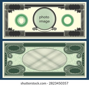 Vector sample of blank banknote or certificate. Example of empty note or flyer. Obverse and reverse of coupon with guilloche patterns and frame. Postcard or template bill. Vintage paper money. Green