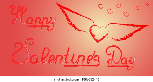 Muestra de vectores con una imagen de un corazón con alas sobre un fondo rojo con texto para el Día de San Valentín.