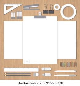 Vector. Samples for corporate identity design with wooden background. For graphic designers, presentations and portfolios.