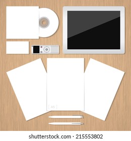 Vector. Samples for corporate identity design with wooden background. For graphic designers, presentations and portfolios.