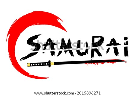 Vector of Samurai with japanese red katana sword of blood cut off the word. Modern abstract typography design with slicing text. Used for branding, sign, symbol, icon, logo. Isolated background.