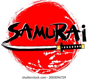 Vector of samurai katana sword with red circle sakura flower. Japanese traditional typography style oriental abstract vintage. Used for business, poster, background, symbol, icon, logo. Printable eps.