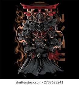 vector of a samurai with a skull face ready to fight with a gate background