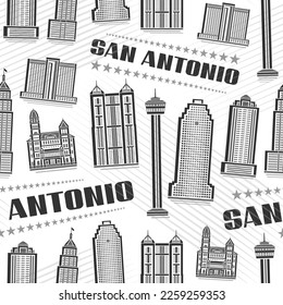 Vector San Antonio Seamless Pattern, repeating background with illustration of famous city scape on white background for wrapping paper, monochrome line art urban poster with black text san antonio