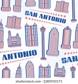 Vector San Antonio Seamless Pattern, repeating background with illustration of red famous city scape on white background for wrapping paper, decorative line art urban poster with blue text san antonio