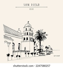 Vector San Diego, California, postal de EE.UU. Iglesia del casco antiguo dibujada a mano y póster de postal o afiche turístico vintage de palmera