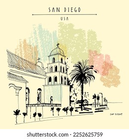 Vector San Diego, California, USA postcard. Immaculate Conception Catholic Church. Hand drawn old town church and palm tree. Vintage mission touristic postcard or poster