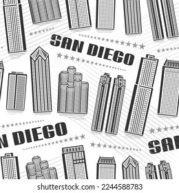 Vector San Diego Seamless Pattern, repeat background with illustration of famous american city scape on white background for wrapping paper, monochrome line art urban poster with dark text san diego