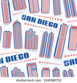Vector San Diego Seamless Pattern, square repeat background with illustration of red famous city scape on white background for wrapping paper, decorative line art urban poster with blue text san diego