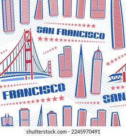 Vector San Francisco Seamless Pattern, square repeating background with illustration of red famous city scape on white background for wrapping paper, line art urban poster with blue text san francisco