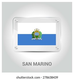Vector San Marino Flag glass plate with metal holders - Country name label in bottom - Gray background vector illustration