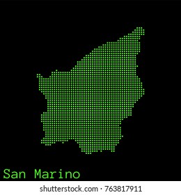Vector San Marino map dotted silhouette with green dots on a black background (as on old ancient computers running DOS)