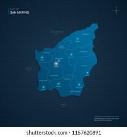 Vector San Marino map illustration with blue neon lightpoints - triangle on dark blue gradient background. Administrative divisions, cities, borders, capital. Neon tech background with glow. 