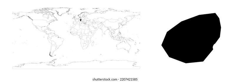 Vector San Marino map showing country location on world map and solid map for San Marino on white background. File is suitable for digital editing and prints of all sizes.