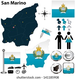 Vector of San Marino set with detailed country shape with region borders, flags and icons