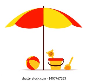 vector sand bucket and beach ball under beach umbrella isolated on white background